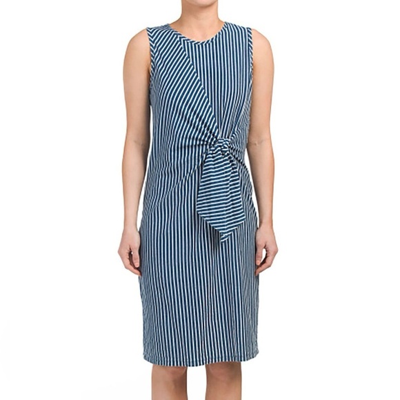 J. MCLAUGHLIN JENN STRIPED SLEEVELESS CREW NECK COTTON TIE WAIST SHEATH DRESS - Picture 2 of 7
